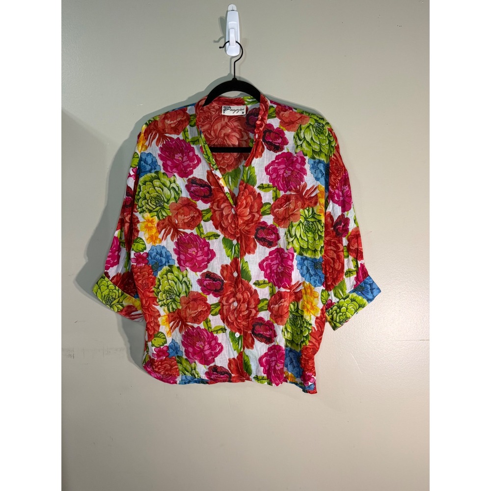 Vintage Magazine Floral Button Down Shirt Red Pink Green Blue Size Medium